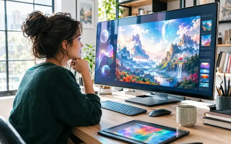 Poster image: A woman editing fantasy art on a wide monitor